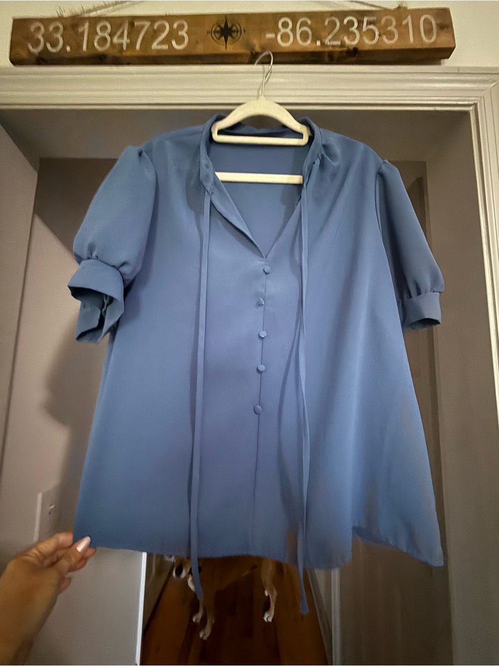 SHEIN Light Blue Short Sleeve Button-Up Blouse with Tie Neck